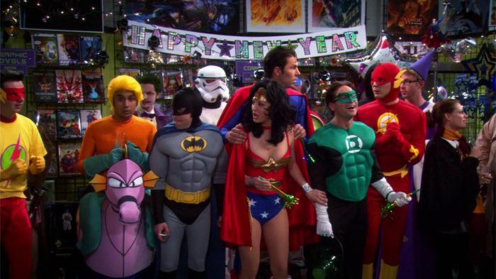 The main cast dressed as the Justice League for the New Year's Eve costume contest.