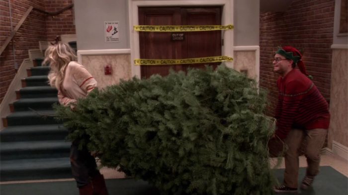 Leonard and Penny looking dishevelled while struggling to move and dispose of a large, messy Christmas tree.