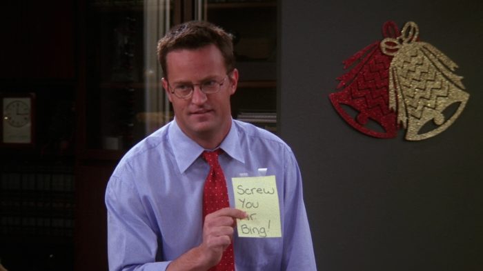 Chandler Bing working alone in his Tulsa office on Christmas Eve.