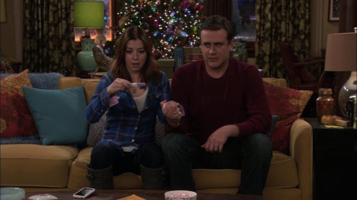 Lily Aldrin and Marshall Eriksen sitting on their sofa looking shocked while holding a pregnancy test in the "False Positive" episode of How I Met Your Mother.