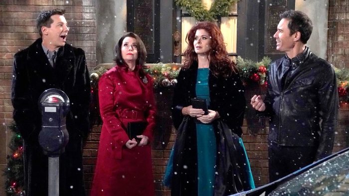 Will, Grace, Jack, and Karen standing outside on a snowy New York City street during the holidays.